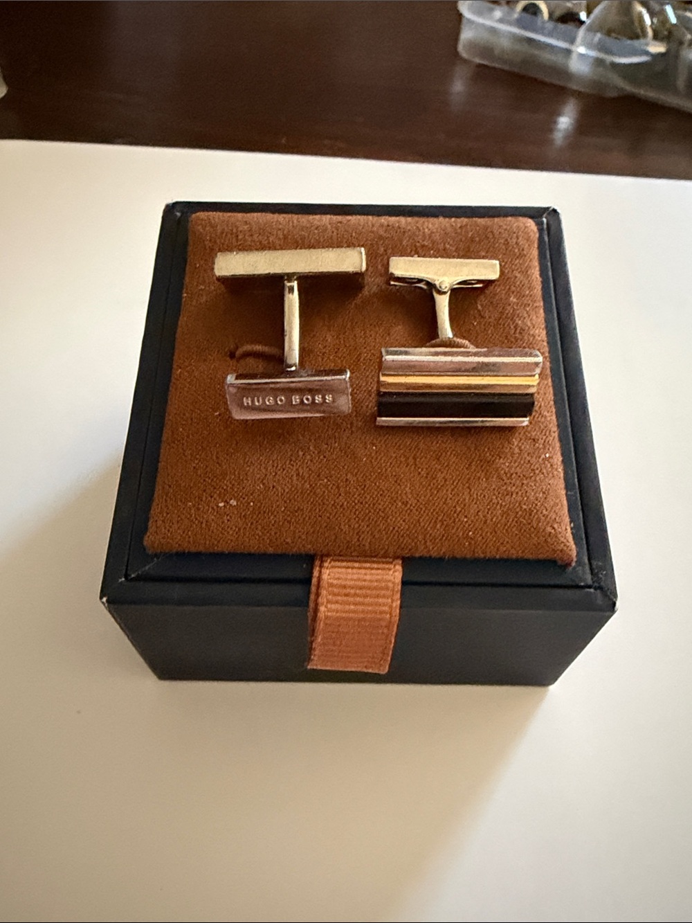 Hugo Boss Gold and Brown Striped Enamel Cufflinks
